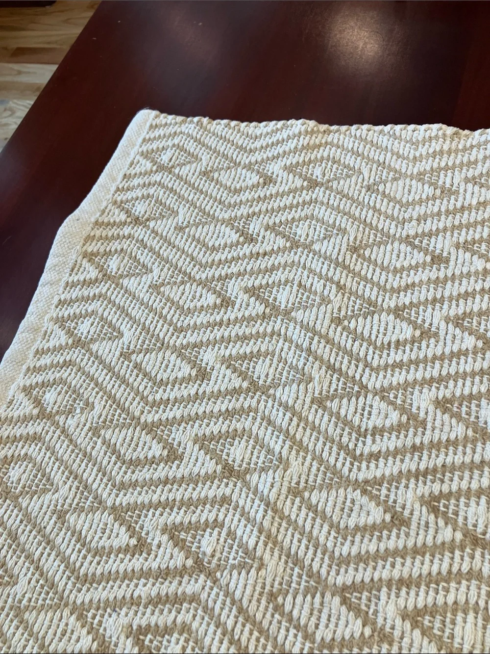 Cream and Beige Geometric Pattern Cotton Throw Rug machine washable